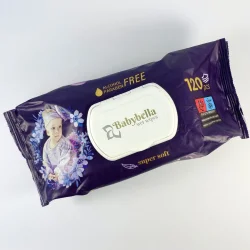 Волога серветка Babybella фіолетова з клапаном 120 шт ( 12 уп / ящ )